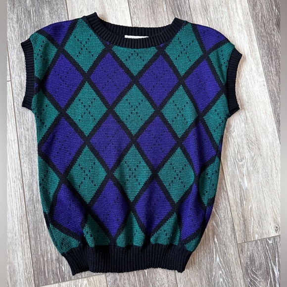🛍️Vintage Katherine Haley green & Purple diamond checker sweater Size S - Picture 2 of 7